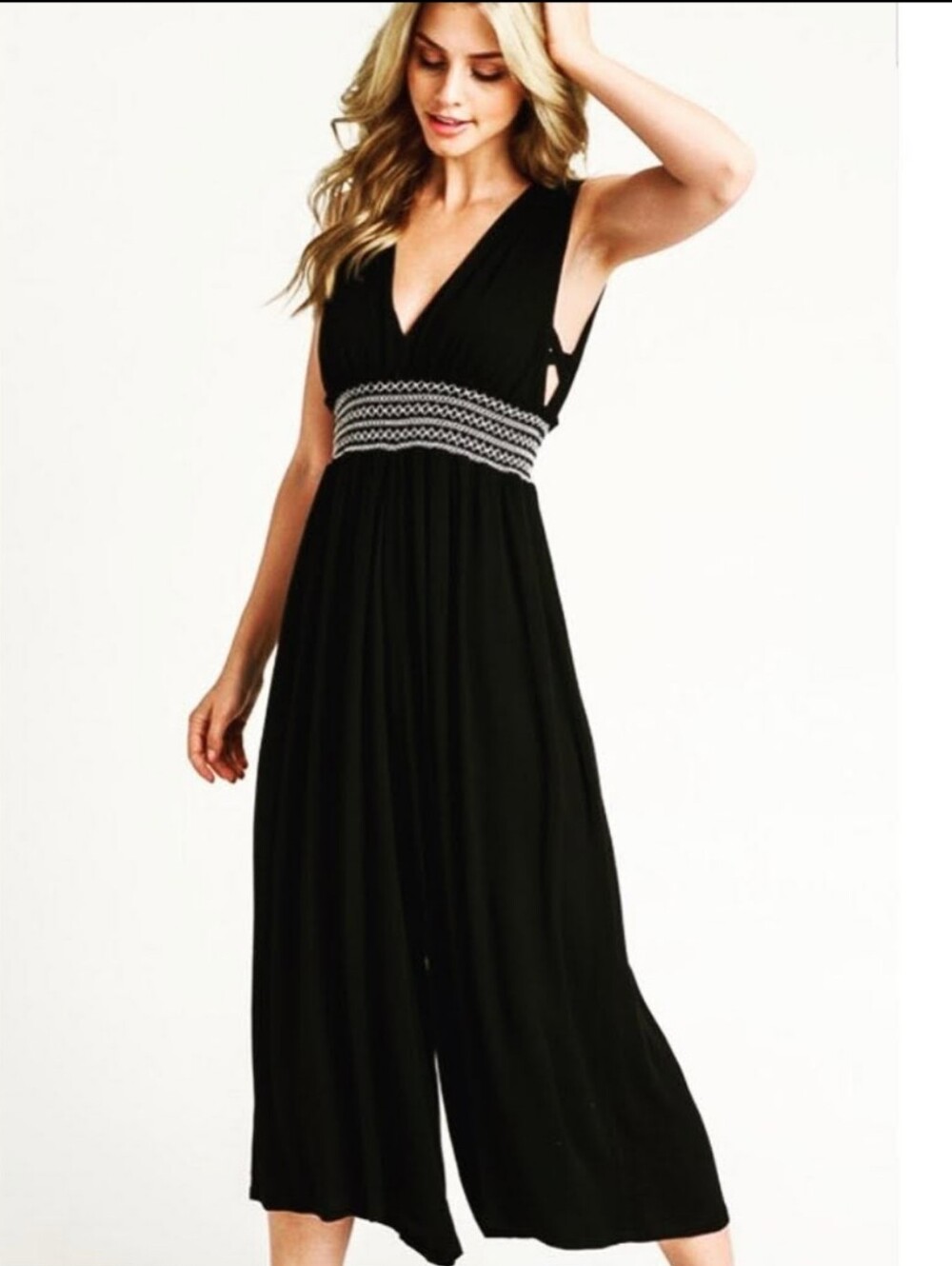 NEW Hem & Thread Boho Textured Crepe Wide Leg Cropped Jumpsuit in Black Size S